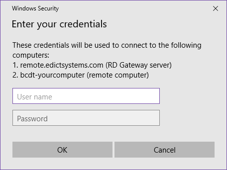 User credentials window