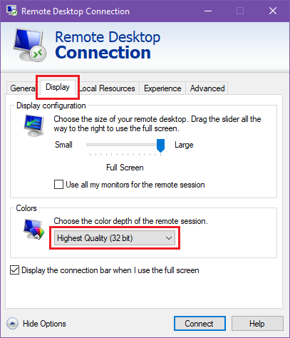 Remote Desktop Connection Display Tab