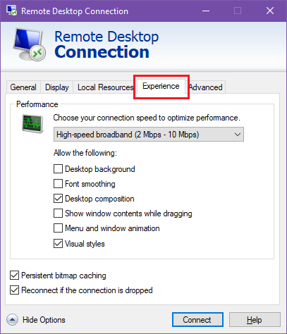 Remote Desktop Connection Experience Tab