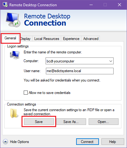 Remote Desktop Connection General Tab