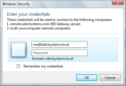 User credentials window