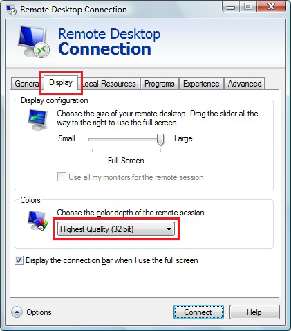Remote Desktop Connection Display Tab