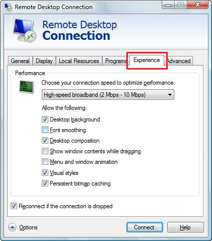 Remote Desktop Connection Experience Tab