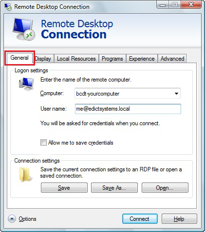 Remote Desktop Connection General Tab