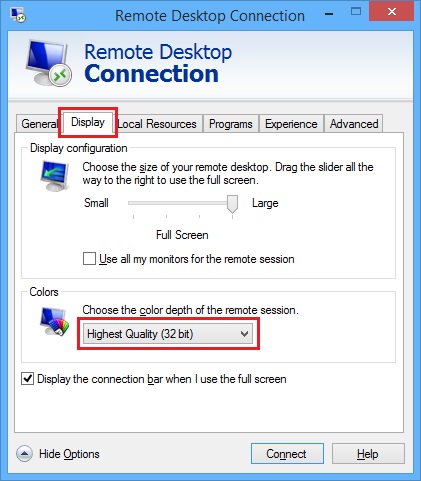 Remote Desktop Connection Display Tab