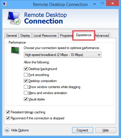 Remote Desktop Connection Experience Tab