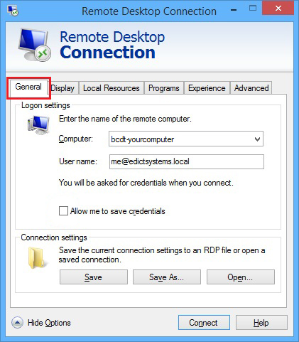 Remote Desktop Connection General Tab