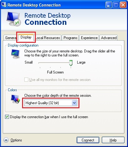 Remote Desktop Connection Display Tab