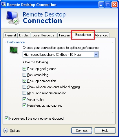 Remote Desktop Connection Experience Tab