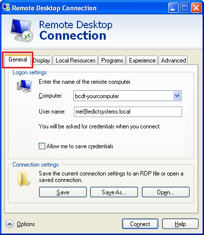 Remote Desktop Connection General Tab